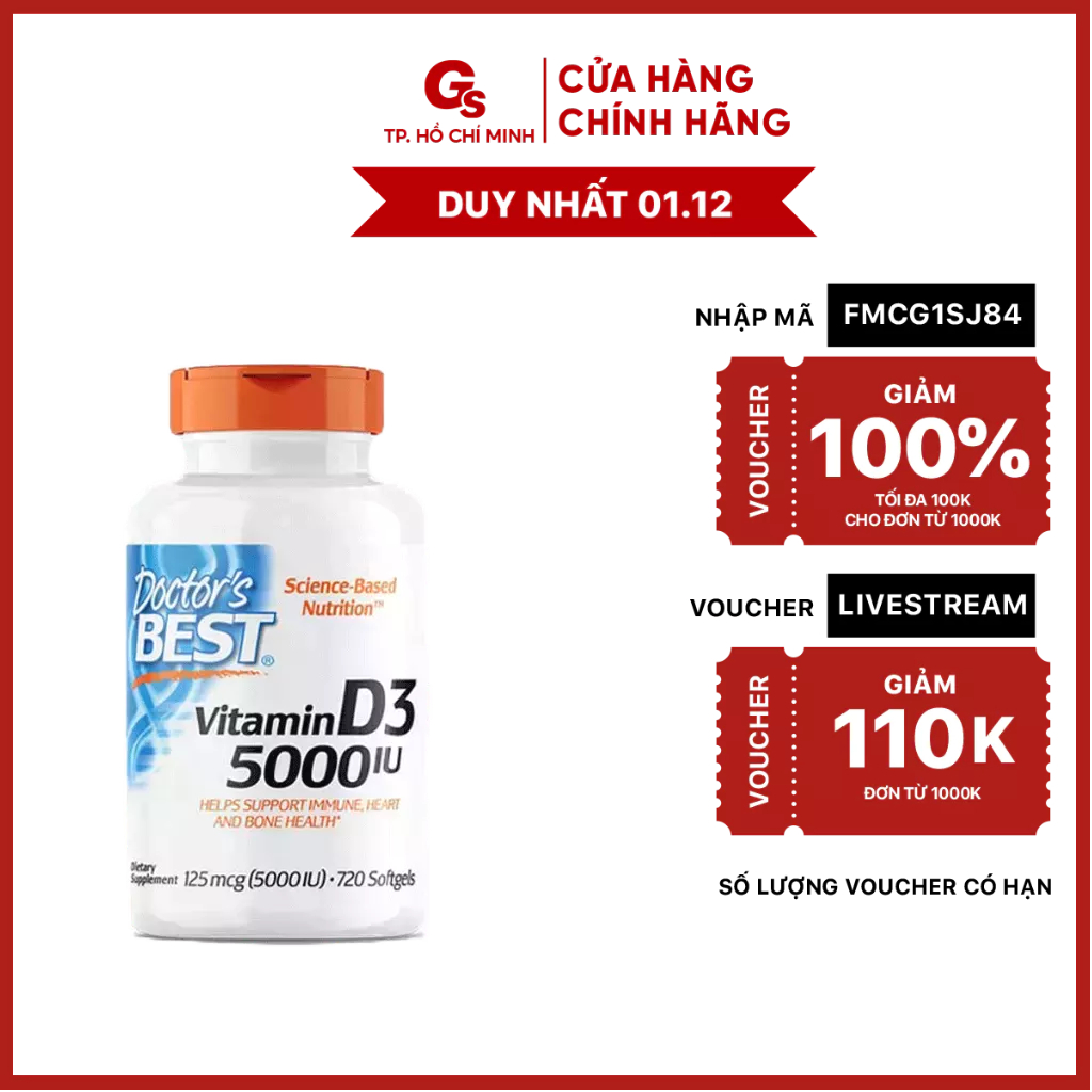 Viên uống Doctor's Best Vitamin D3 - 5000 IU (125 mcg) nhập khẩu Mỹ - Gymstore
