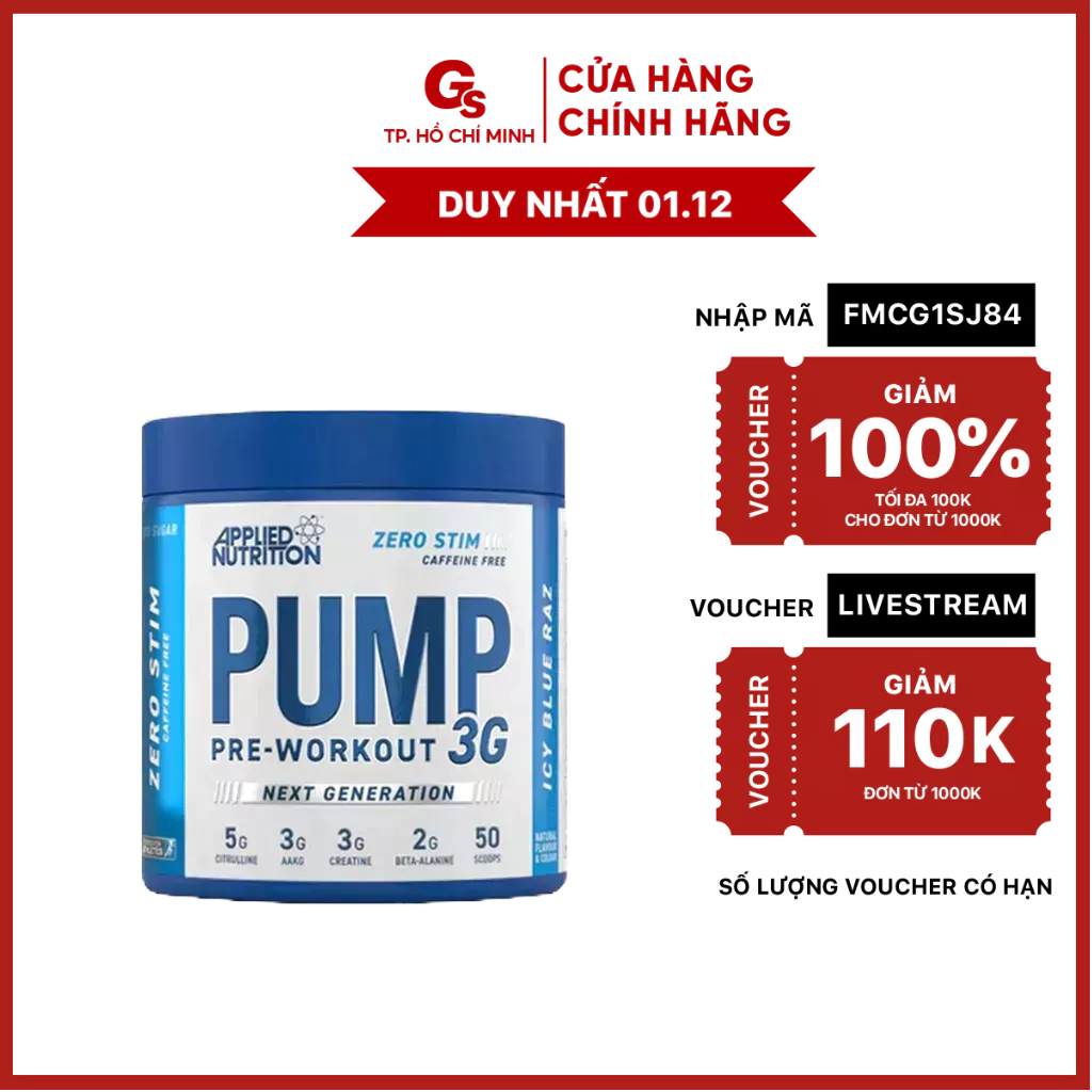 Bột tăng cơ Applied PUMP 3G Pre-Workout Caffein Free (50 muỗng) nhập khẩu Anh - Gymstore không caffeine