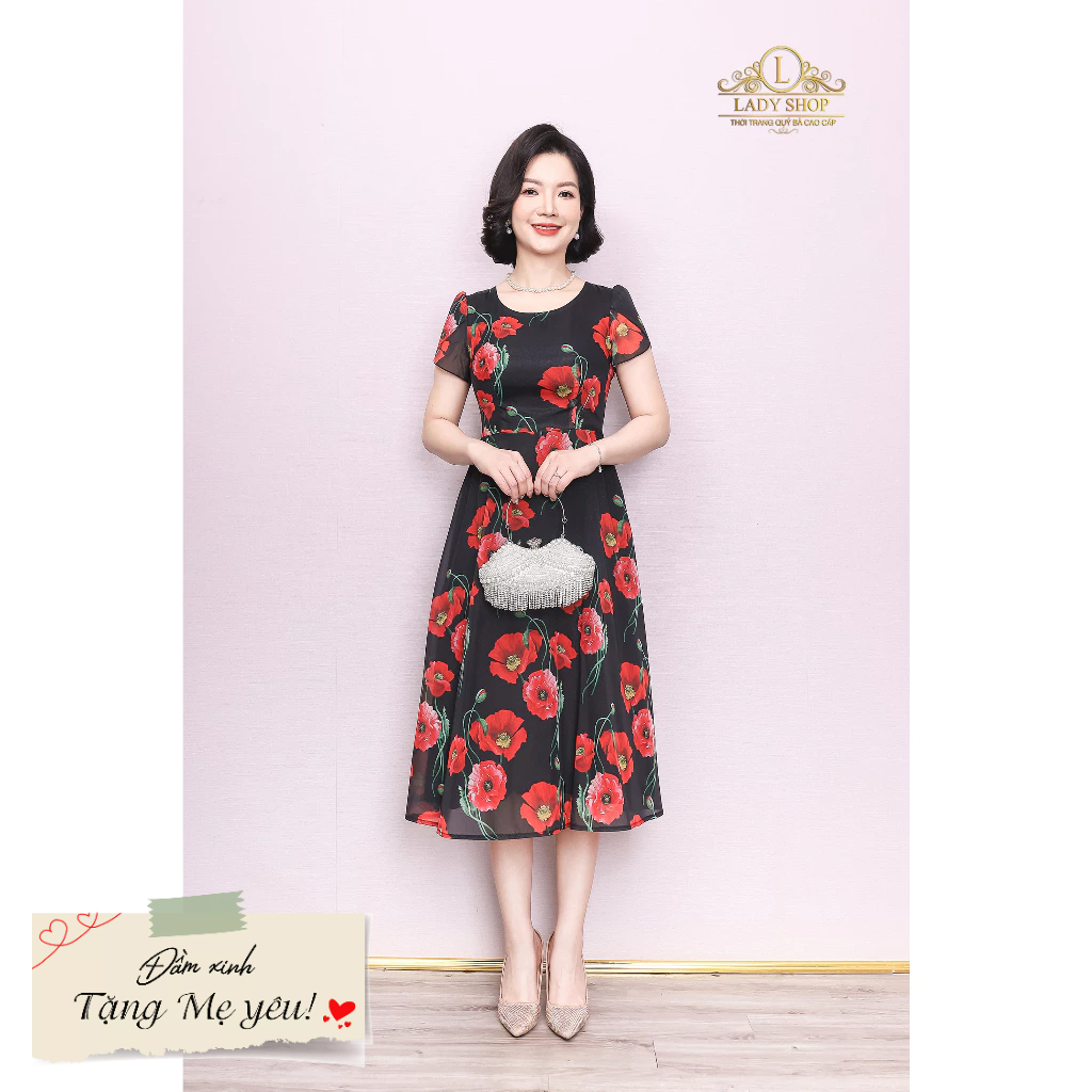 Đầm tơ hoa tay búp sen Ladyshop thời trang trung niên cao cấp T172