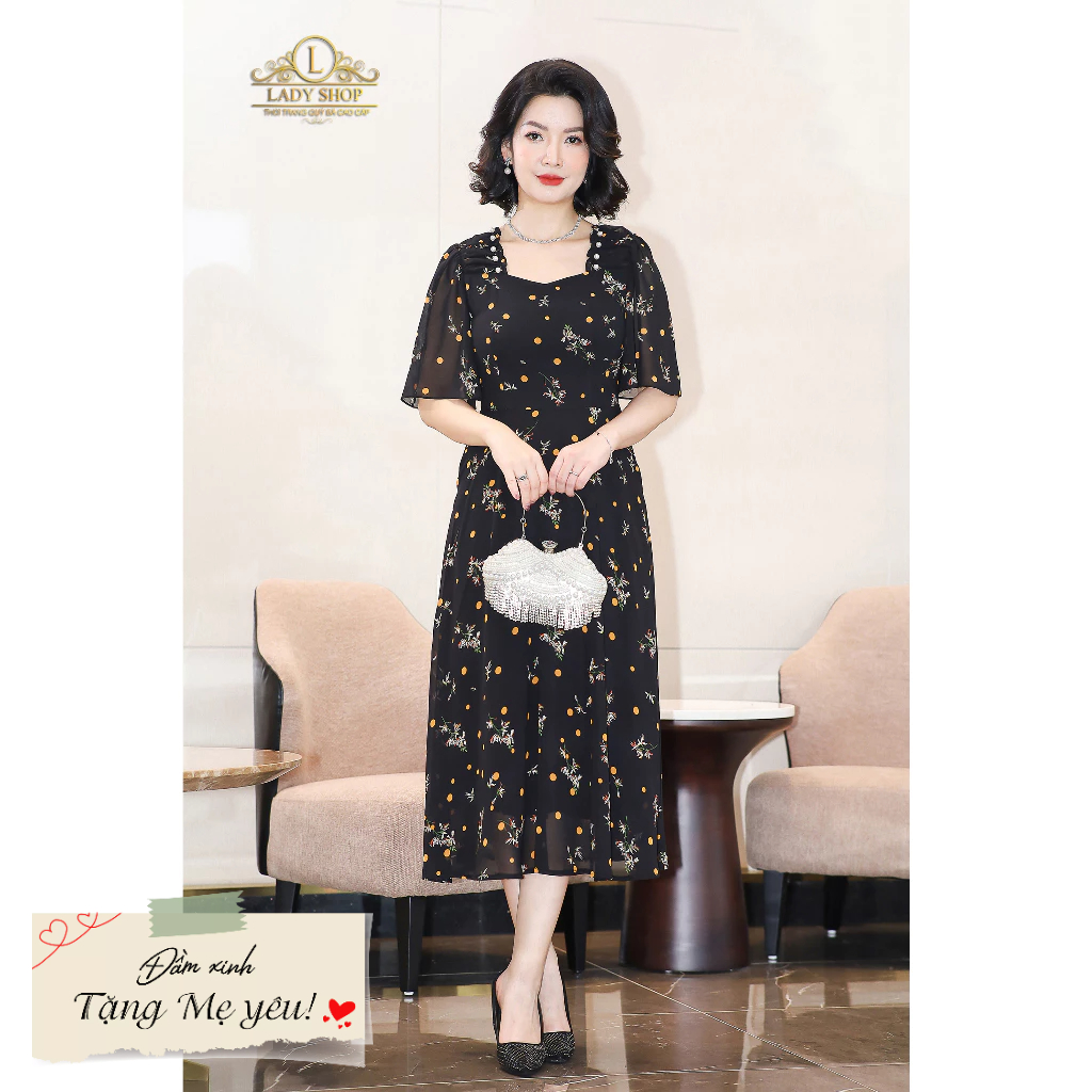 Đầm voan chấm bi nhún vai Ladyshop thời trang trung niên cao cấp T160