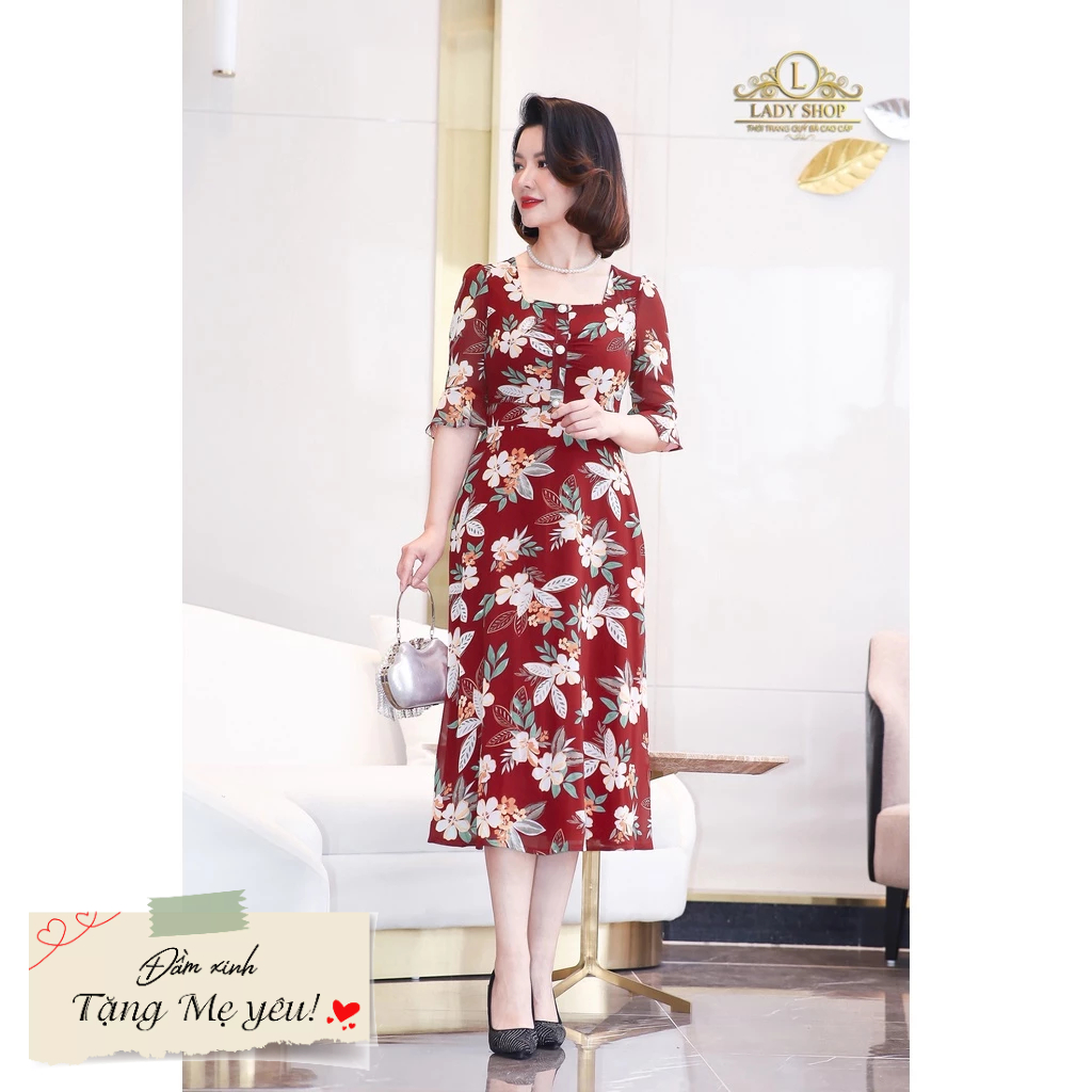 Đầm voan cổ vuông tay loe Ladyshop thời trang trung niên cao cấp T97