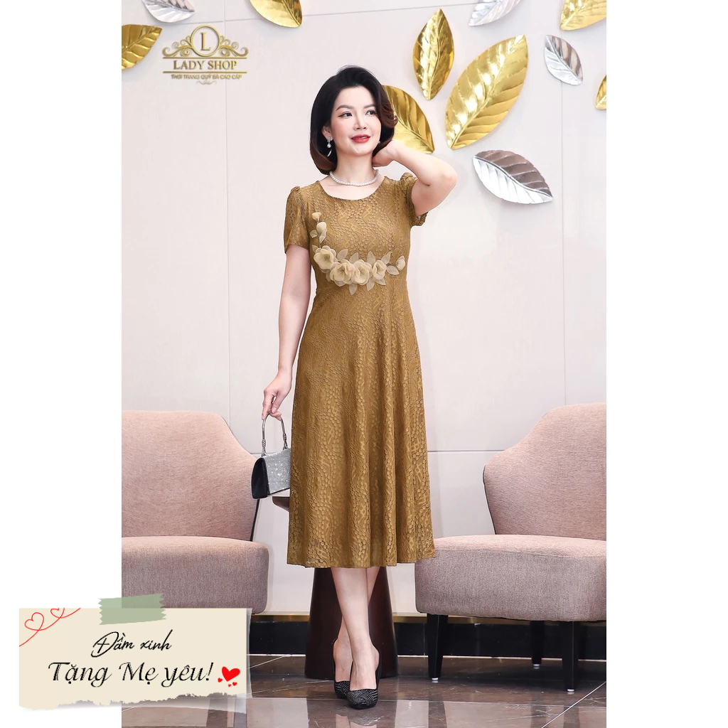 Đầm ren kết bông hoa eo Ladyshop thời trang trung niên cao cấp T94