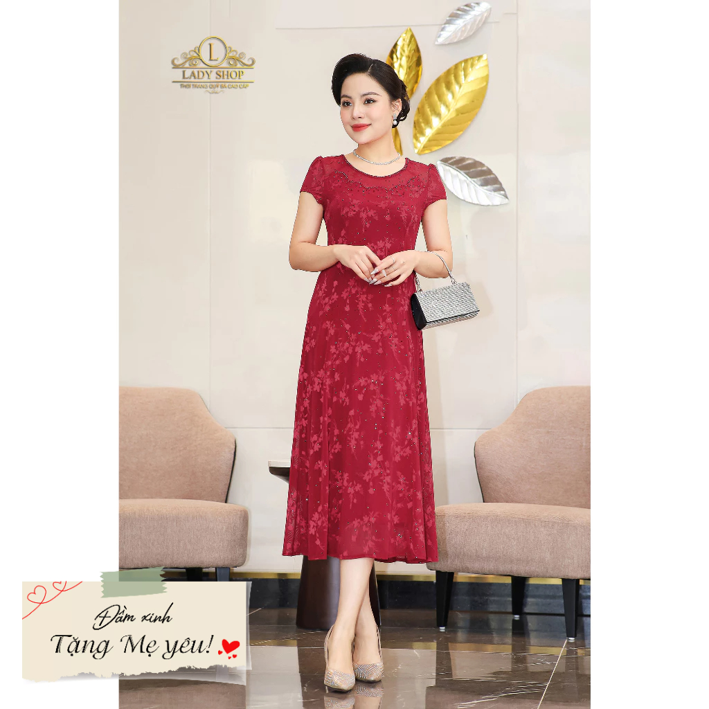Đầm ren hoa mai cổ đá Ladyshop thời trang trung niên cao cấp T130