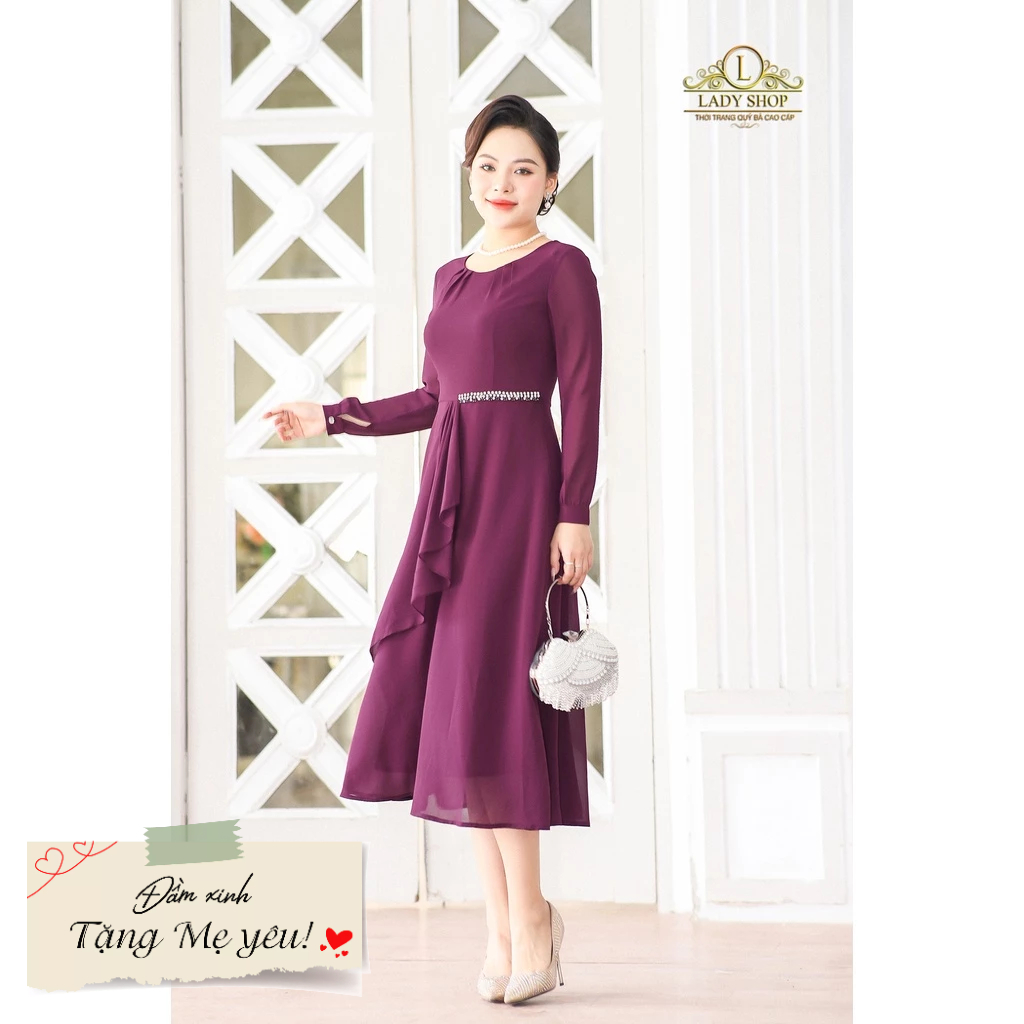 Đầm voan phối tà viền đai Ladyshop thời trang trung niên cao cấp T35