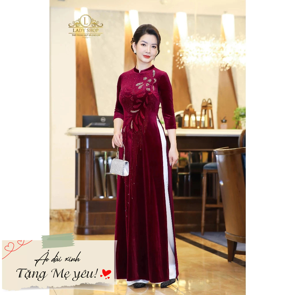 Áo Dài nhung cổ tàu vuông đá sọc Ladyshop thời trang trung niên cao cấp T322