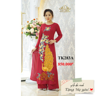 Áo dài trung niên thời trang quý bà cao cấp - Ladyshop - Áo dài xanh coban thêu chim công đính đá TK283