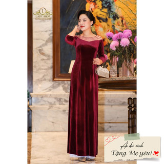 Áo Dài nhung đỏ cổ lưới kết đá Ladyshop thời trang trung niên cao cấp T18