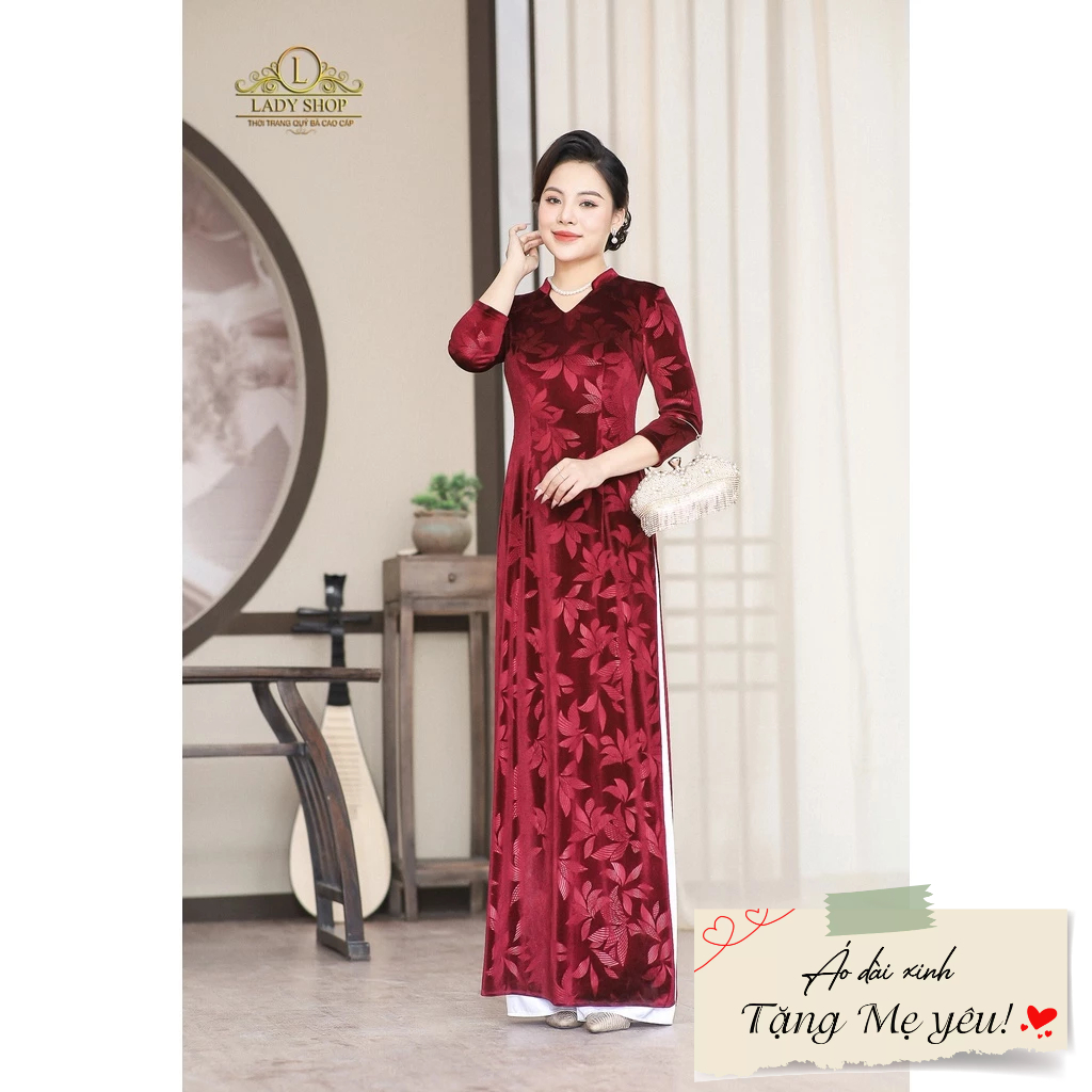 Áo Dài nhung cổ tàu V in chùm lá Ladyshop thời trang trung niên cao cấp T42