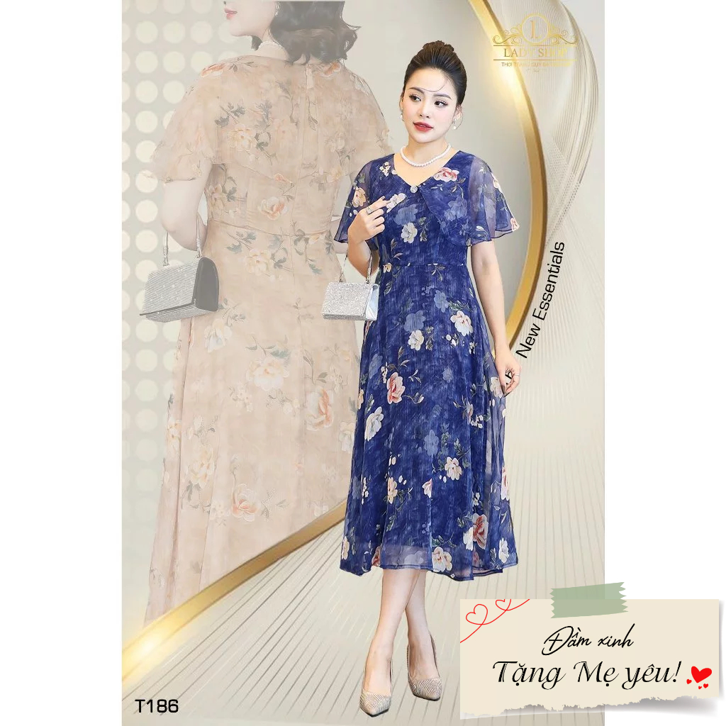 Đầm voan tơ xước hoa mộc lan cánh tiên Ladyshop thời trang trung niên cao cấp T186