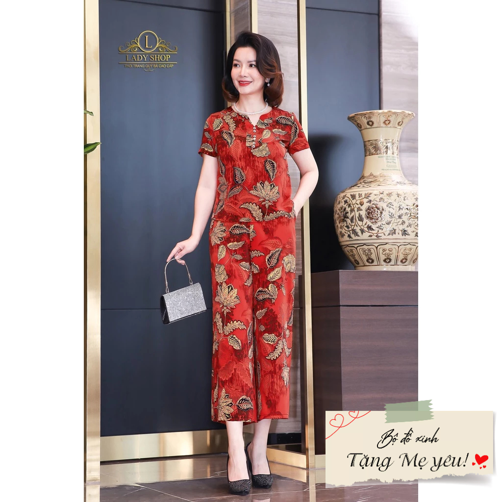 Bộ lụa nhật lá cổ V Ladyshop thời trang trung niên cao cấp T99