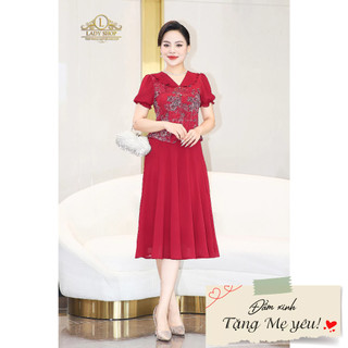 Đầm peplum ren nhũ phối voan cúc tàu Ladyshop thời trang trung niên cao cấp T139