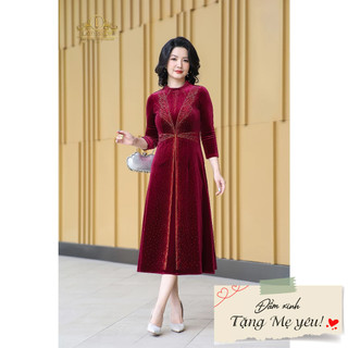 Đầm nhung cổ trụ đá pha lê Ladyshop thời trang trung niên cao cấp T306