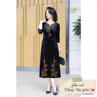 Đầm nhung tuyết cổ V kết đá hình lá Ladyshop thời trang trung niên cao cấp T310