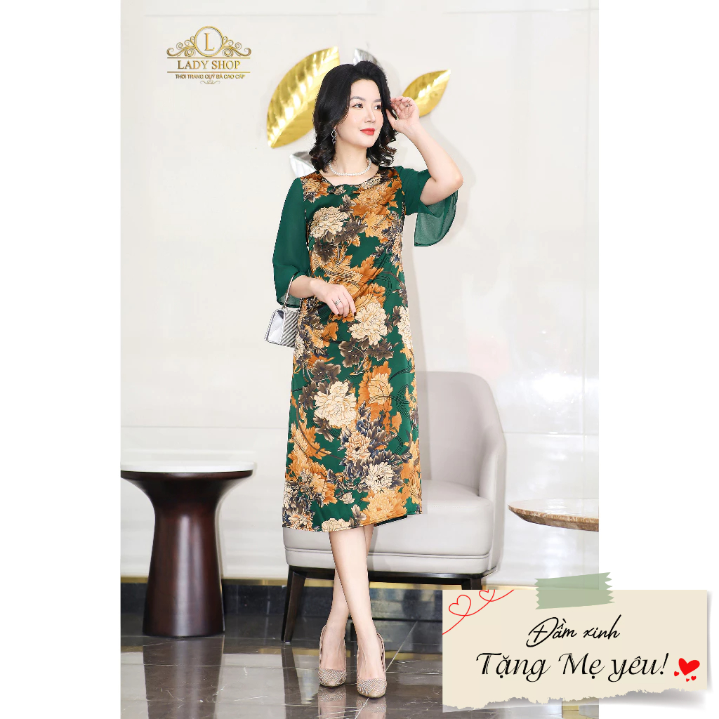 Đầm Suông lụa hoa mẫu đơn tay voan Ladyshop thời trang trung niên cao cấp T209