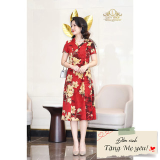 Đầm lụa nhật cổ Y xẻ hoa mộc lan Ladyshop thời trang trung niên cao cấp T196