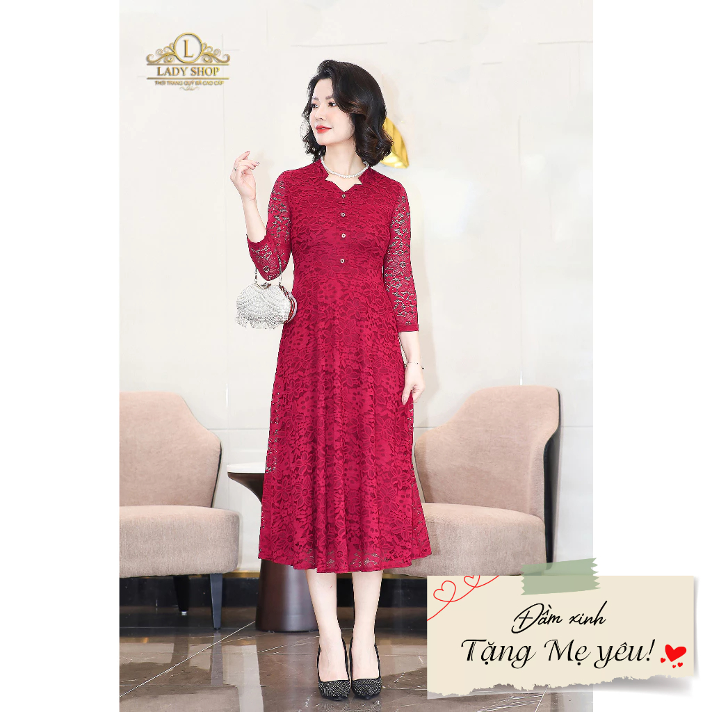 Đầm ren cổ V xẻ tay lỡ Ladyshop thời trang trung niên cao cấp T168