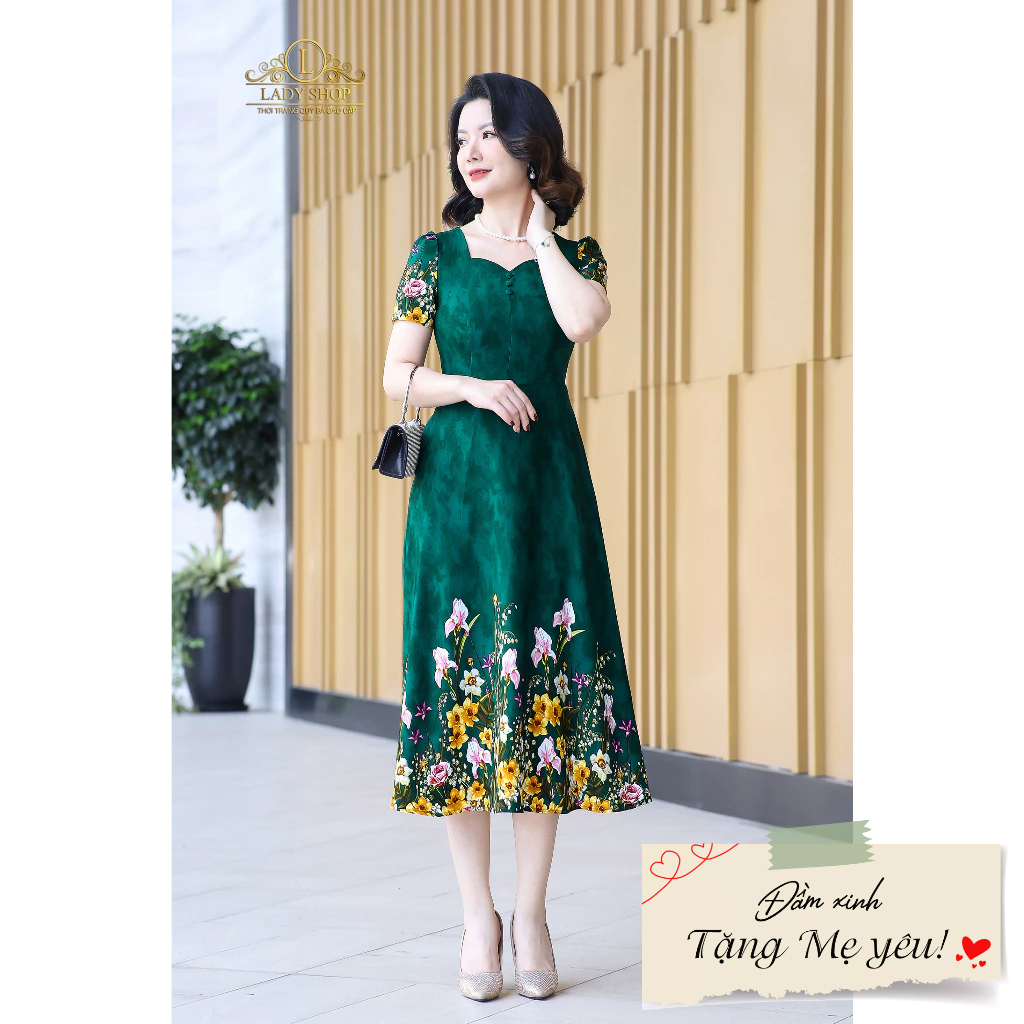 Đầm lụa nhật cổ uốn hoa chân Ladyshop thời trang trung niên cao cấp T190
