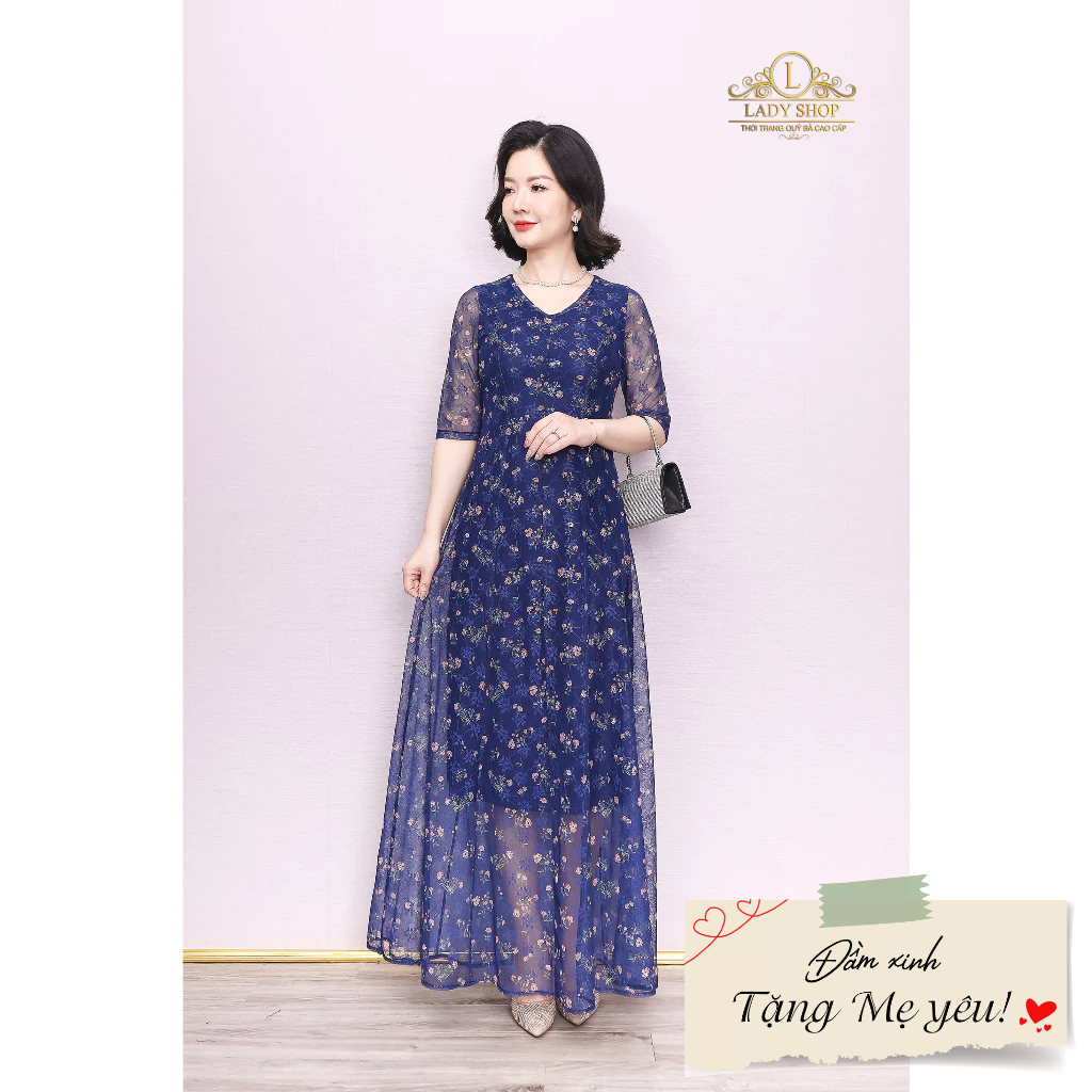 Đầm Maxi ren lưới hoa nhí cổ V Ladyshop thời trang trung niên cao cấp T178