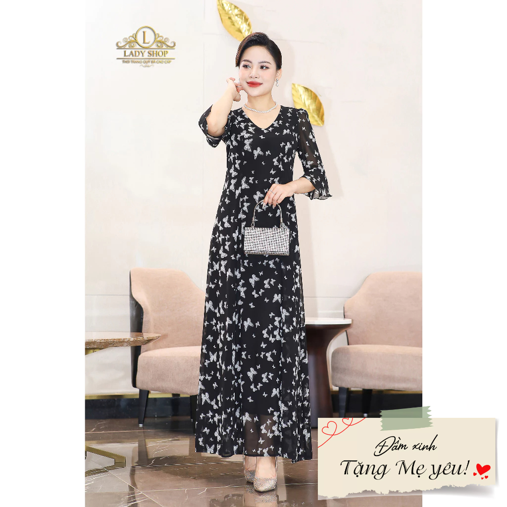 Đầm Maxi voan tay loe họa tiết bướm Ladyshop thời trang trung niên cao cấp T158