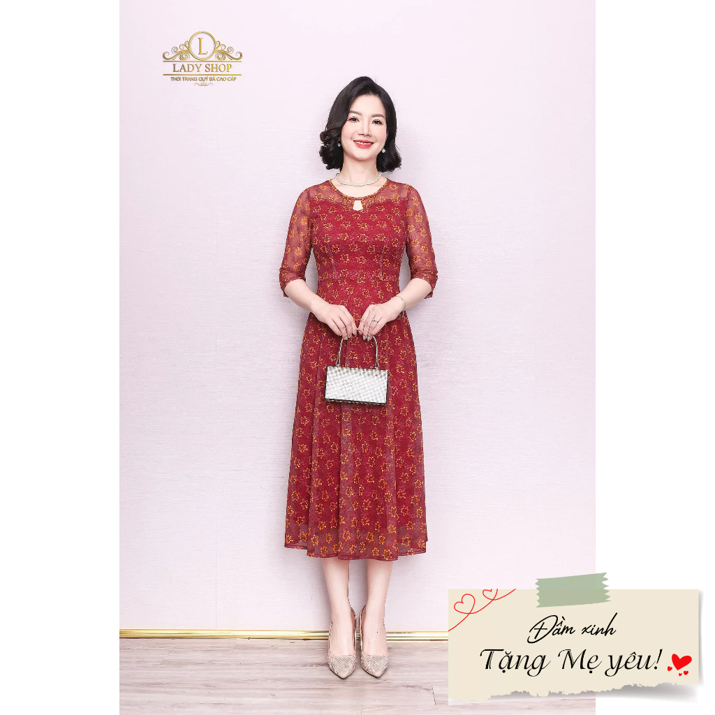 Đầm ren lưới hoa tròn cổ kết đá Ladyshop thời trang trung niên cao cấp T176