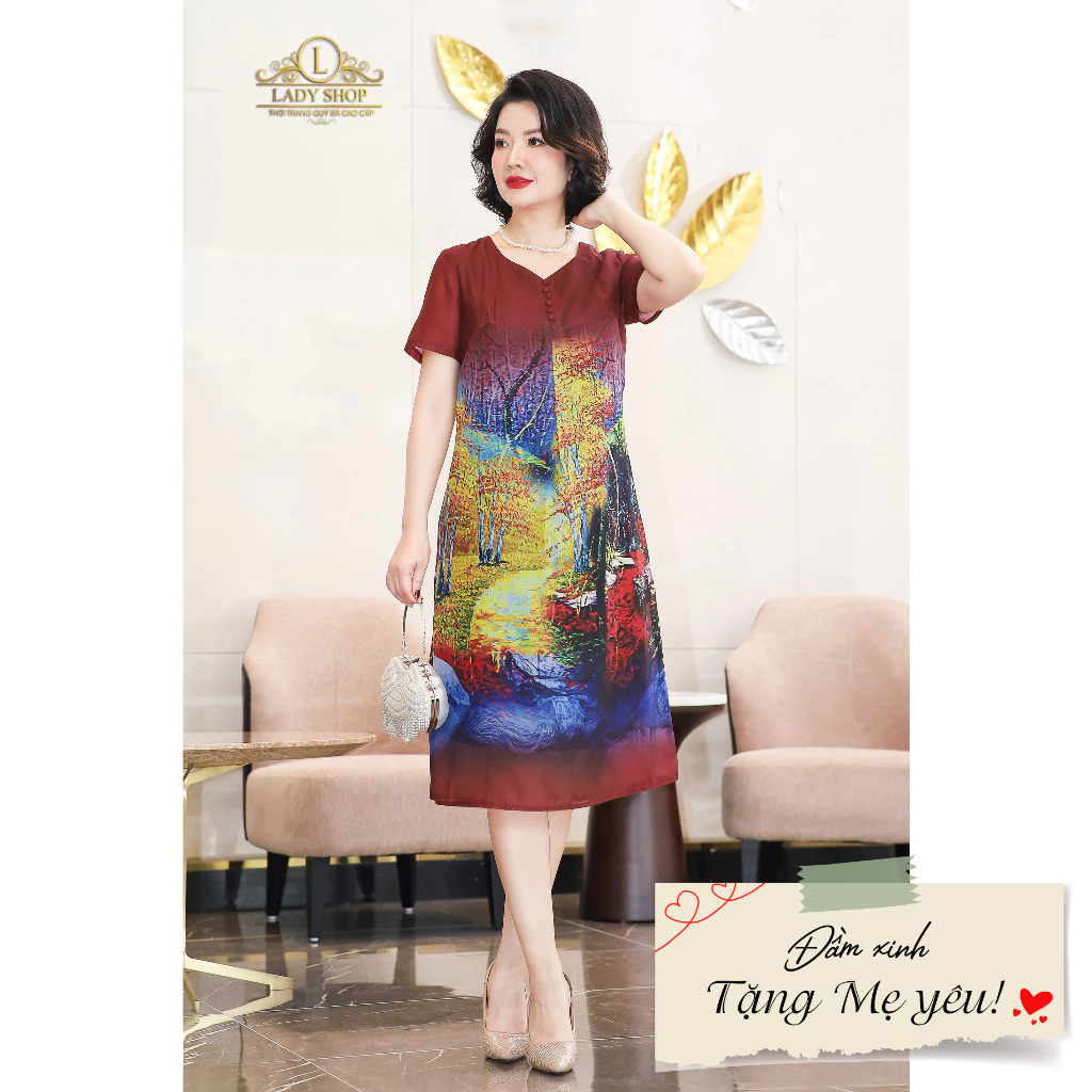 Đầm suông voan cổ tim họa tiết Ladyshop thời trang trung niên cao cấp T147