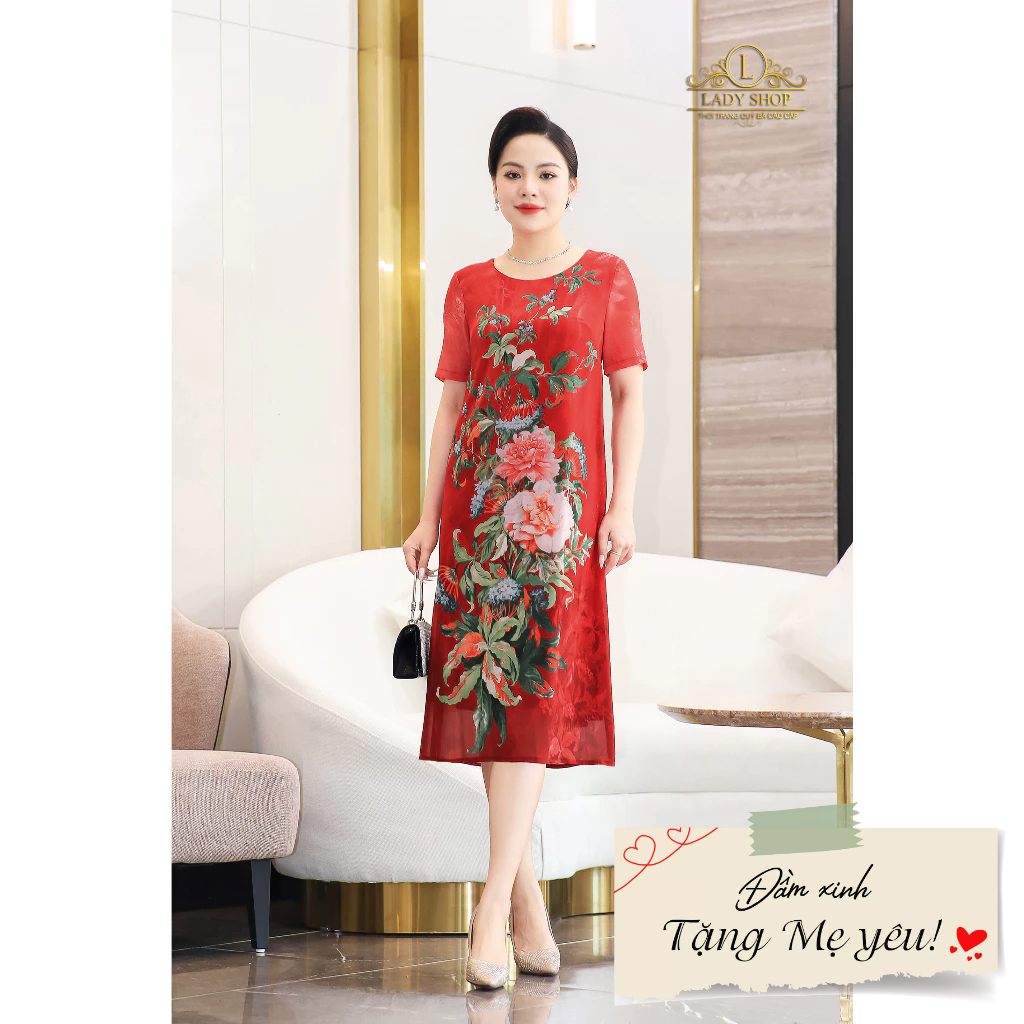 Đầm voan suông cành mẫu đơn to Ladyshop thời trang trung niên cao cấp T133