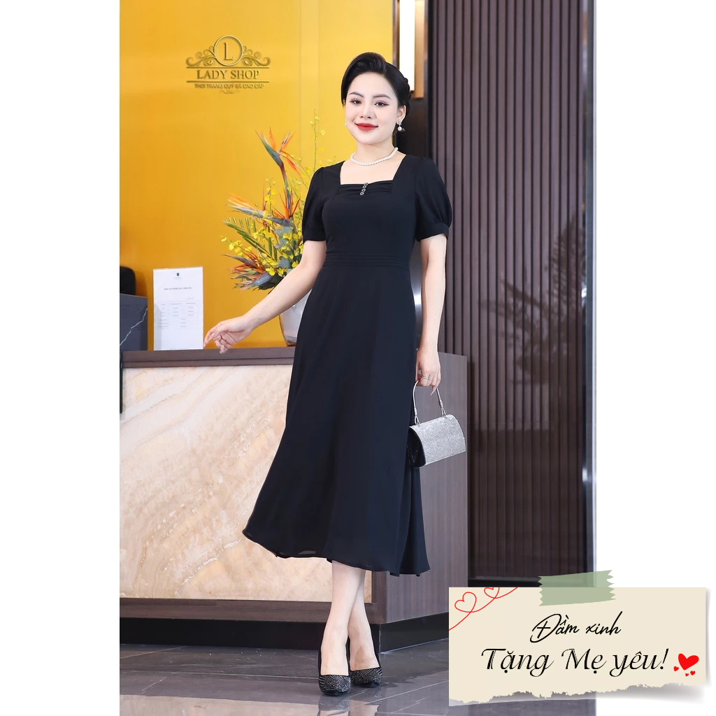 Đầm tằm Ý cổ U xếp ly Ladyshop thời trang trung niên cao cấp T116