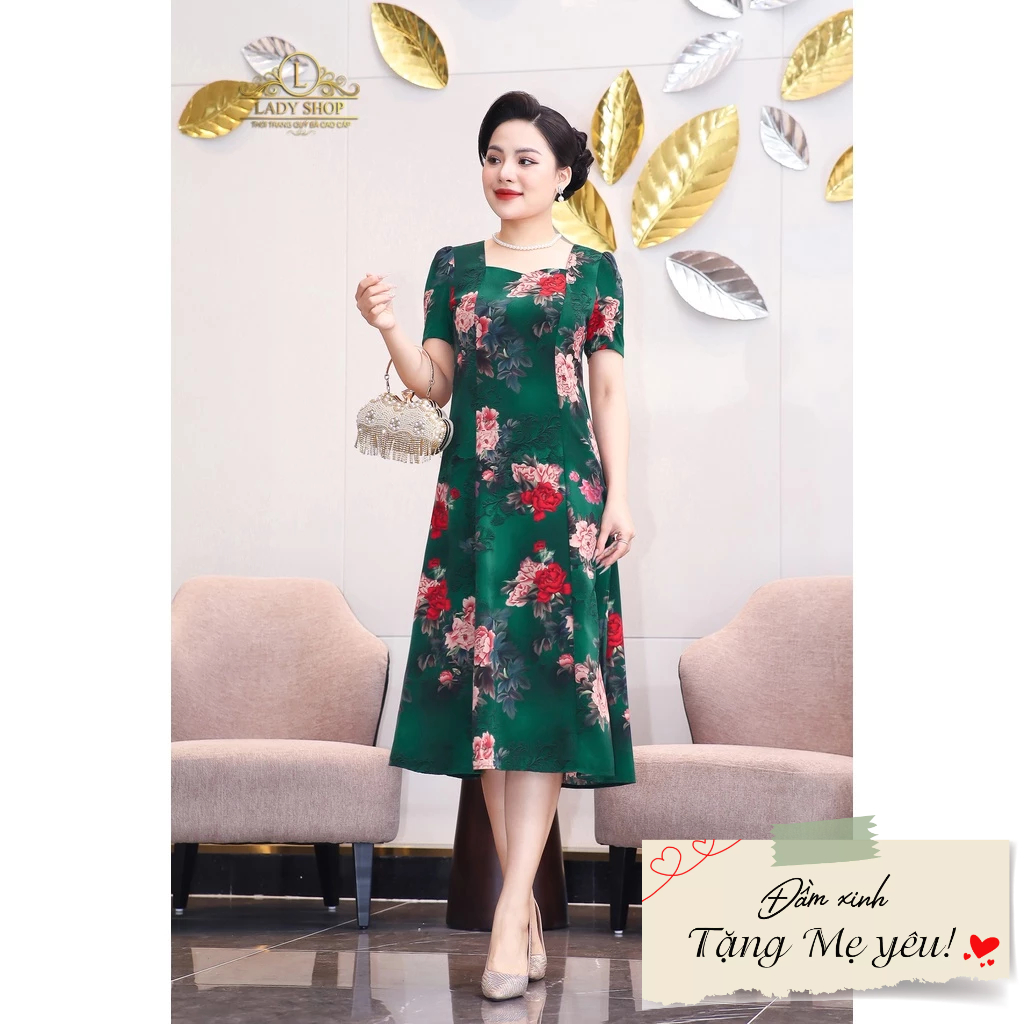 Đầm suông lụa hoa mẫu đơn Ladyshop thời trang trung niên cao cấp T111