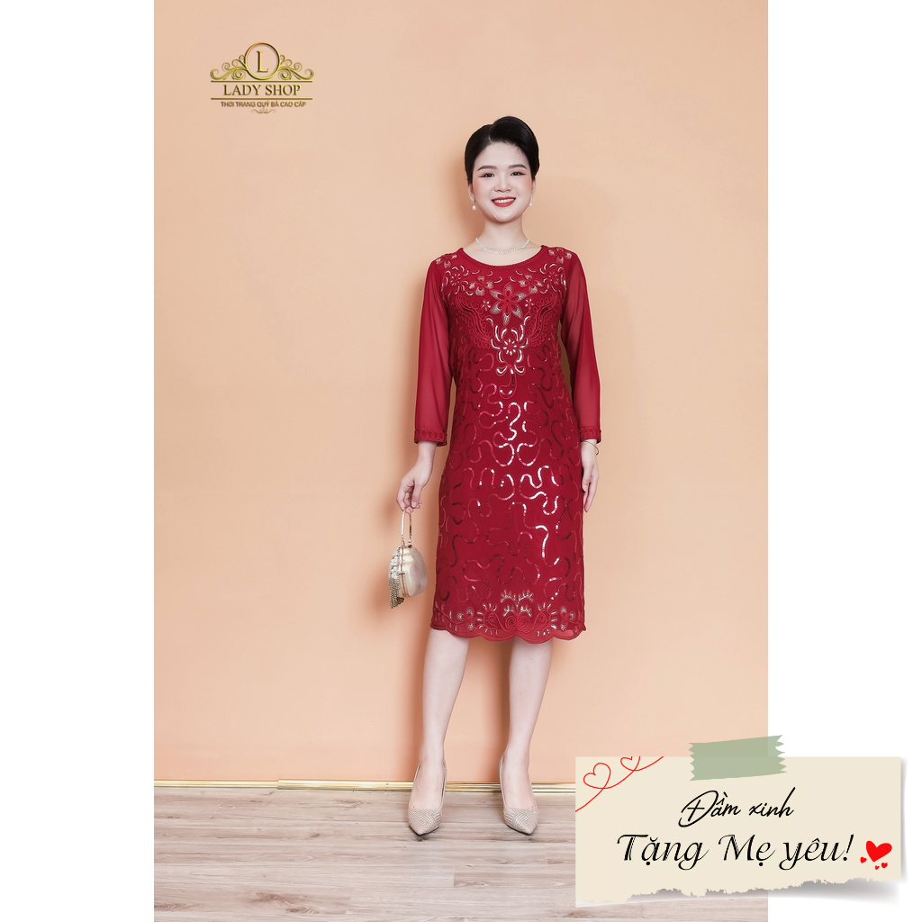 Đầm suông kimsa họa tiết thêu Ladyshop thời trang trung niên cao cấp TK936