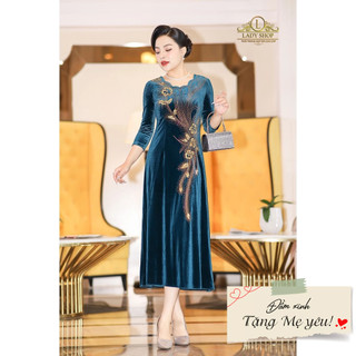 Đầm nhung cổ hoa kết đá eo Ladyshop thời trang trung niên cao cấp T69