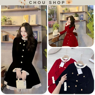 Váy Xòe Nhung Cúc Vàng 4 Nắp Túi Bèo Gấu Dự Tiệc Xinh