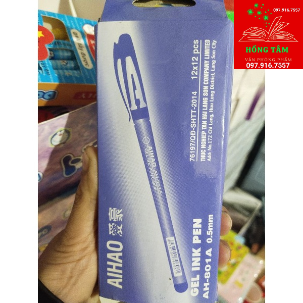 Hộp 12c bút chữ A, gel nước aihao xanh, đen, tím