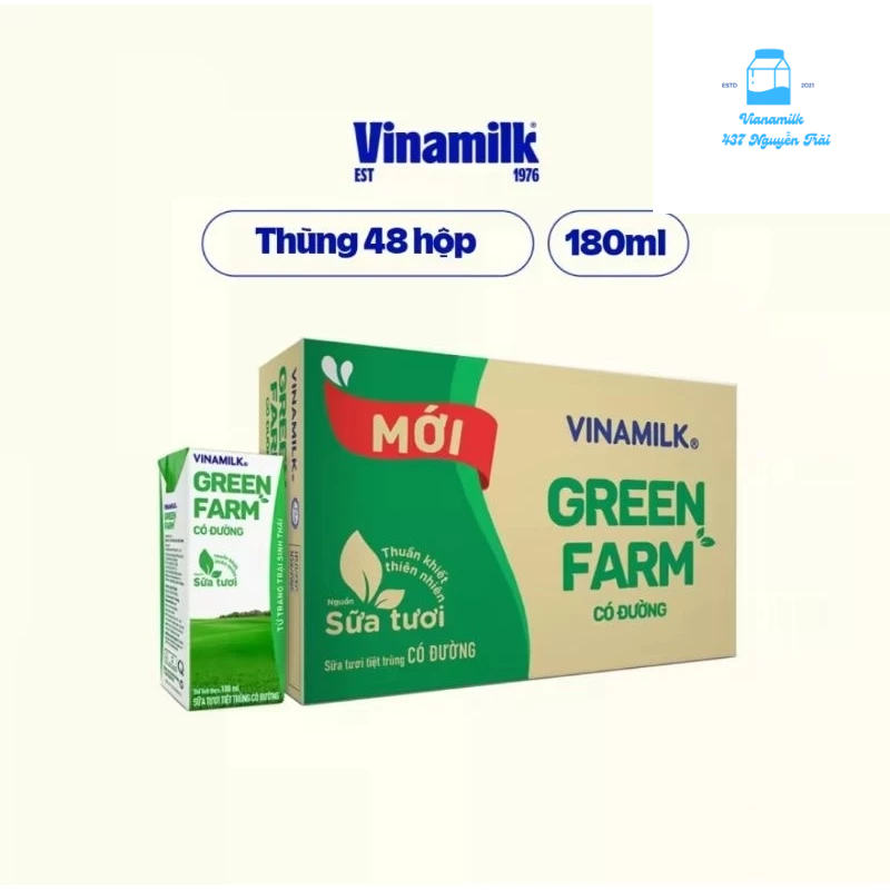 Sữa Tươi Tiệt Trùng Vinamilk Green Farm Có đường - Thùng 48 hộp 180ml