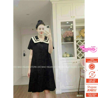 Đầm bầu đen cổ ren, váy bầu sơ mi đuôi cá xếp ly