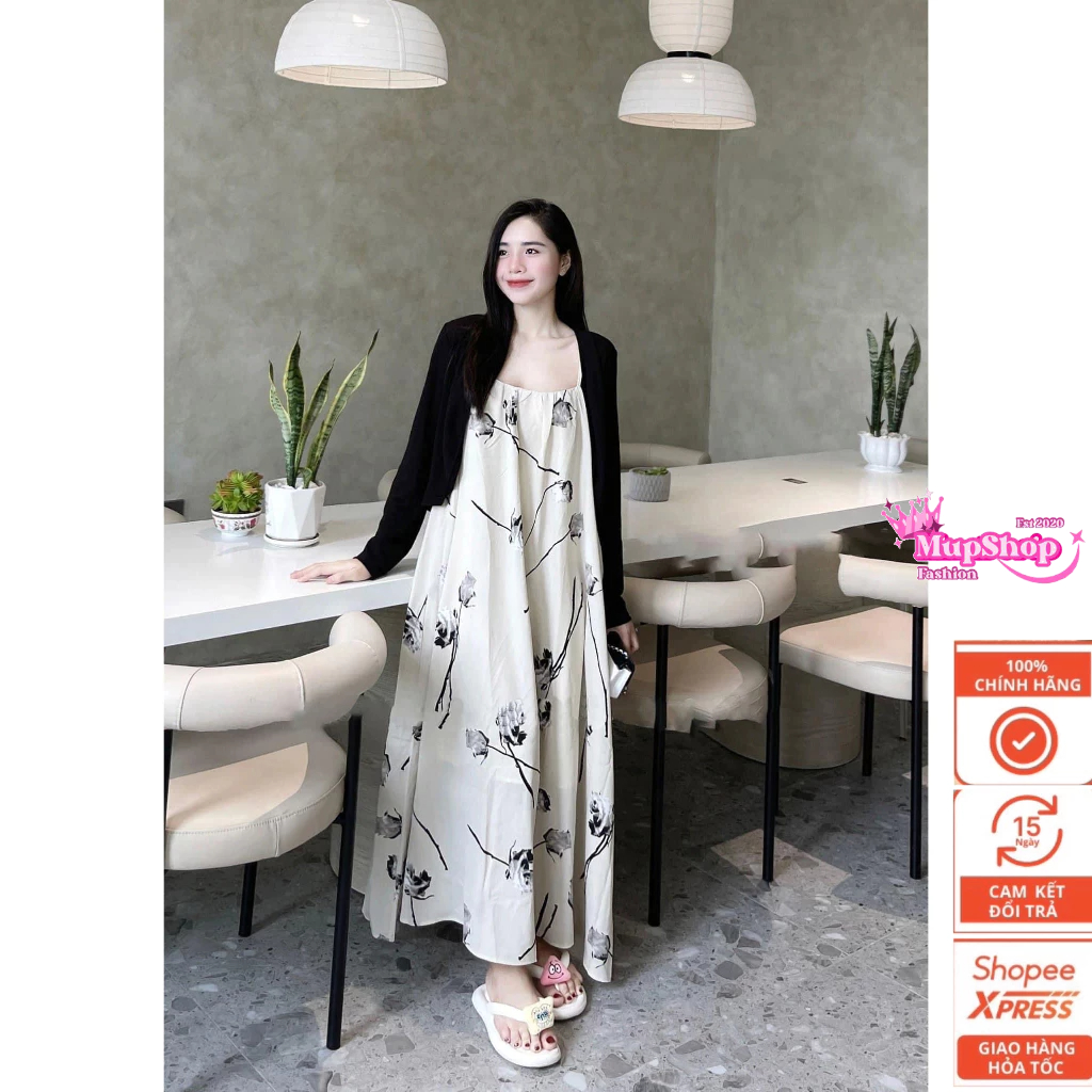 Set đầm hoa hồng 2 dây và áo khoác cadigan mùa thu, set đầm bầu, set váy mùa thu