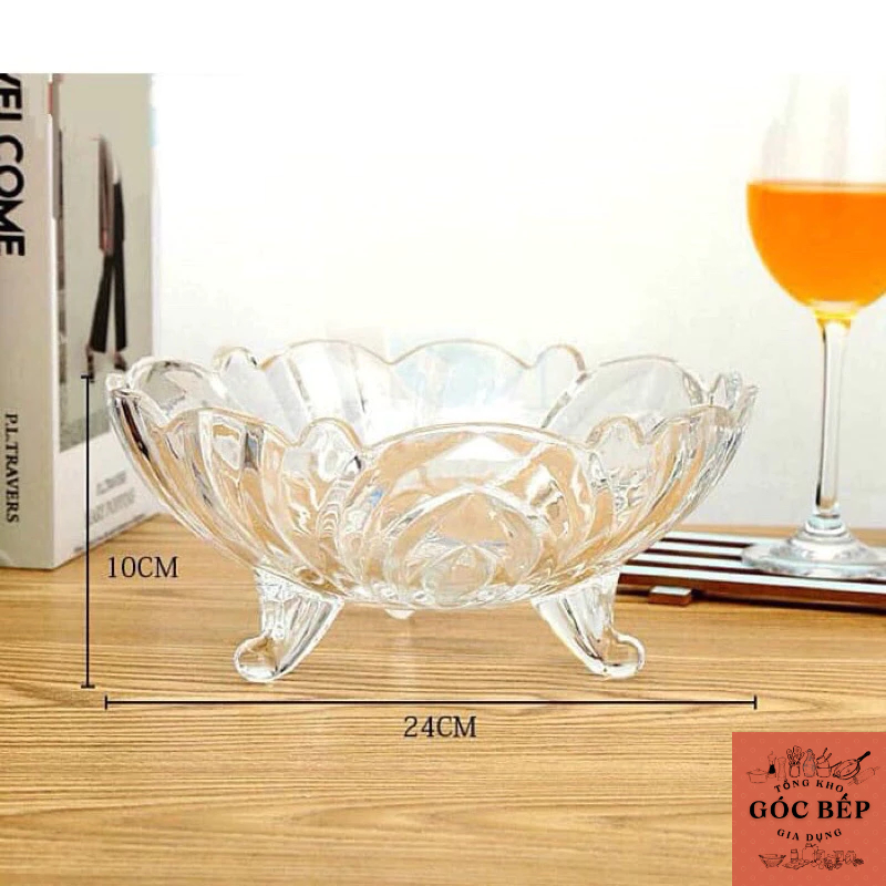 A107 ĐĨA KHAY HOA QUẢ, ĐĨA THẢ HOA 3 CHÂN THUỶ TINH PHA LÊ TRẮNG/HỔ PHÁCH