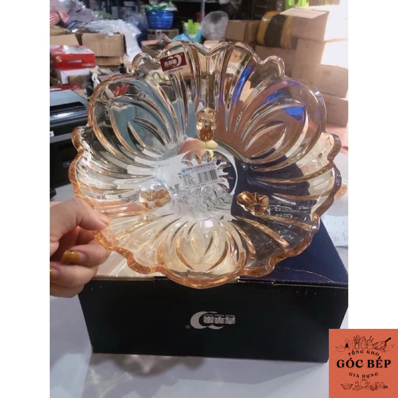 A107 ĐĨA KHAY HOA QUẢ, ĐĨA THẢ HOA 3 CHÂN THUỶ TINH PHA LÊ TRẮNG/HỔ PHÁCH