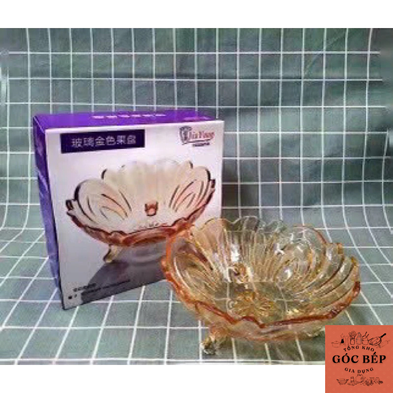 A107 ĐĨA KHAY HOA QUẢ, ĐĨA THẢ HOA 3 CHÂN THUỶ TINH PHA LÊ TRẮNG/HỔ PHÁCH