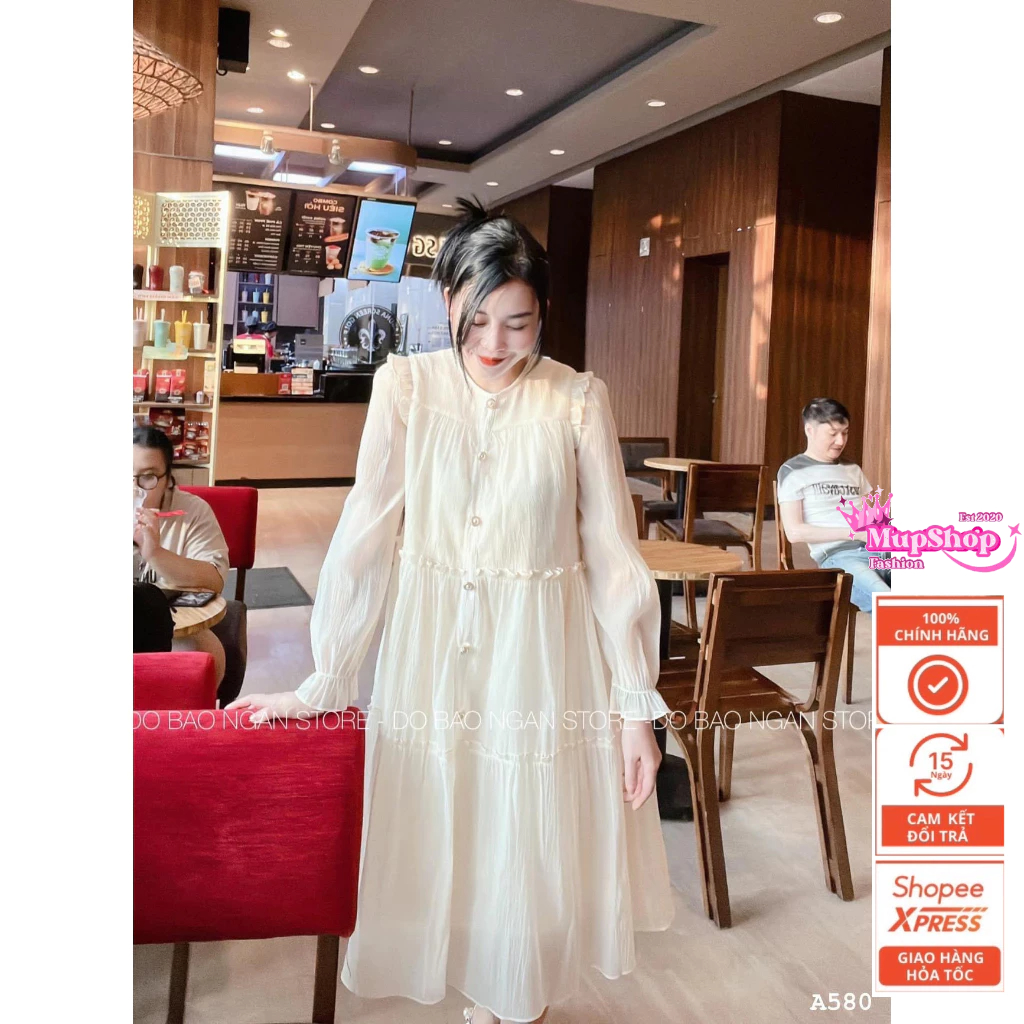 Váy tơ dài tay cúc ngọc tiểu thư , váy dự tiệc, đầm bầumùa thu