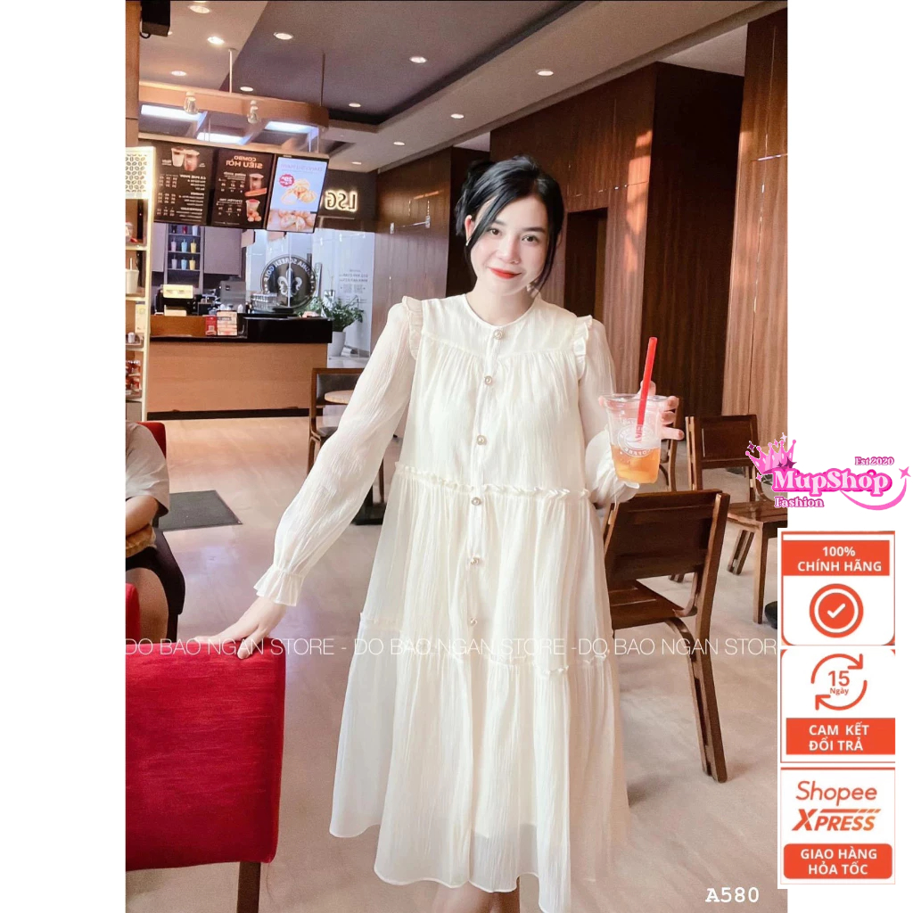 Váy tơ dài tay cúc ngọc tiểu thư , váy dự tiệc, đầm bầumùa thu