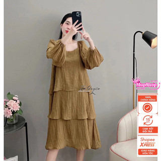Đầm tơ dài tay mùa thu , váy tơ 3 tầng thiết kế siêu xinh, đầm bầu dài tay nhiều tầng