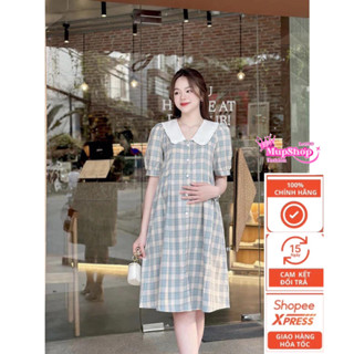 Đầm bầu kẻ xanh suông cổ trắng tay lỡ, váy suông kẻ tay bồng, đầm babydoll kẻ xanh cổ trắng cúc đá