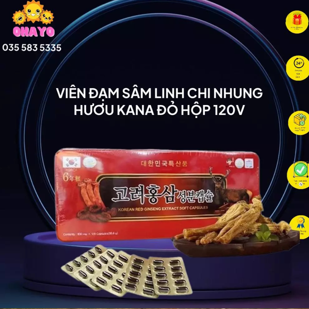 viên Đạm Sâm Linh Chi nhung hươu Kana Đỏ Hàn Quốc , hồng sâm 6 năm tuổi 120v, tăng cường sức khoẻ ,chính hãng ohayo