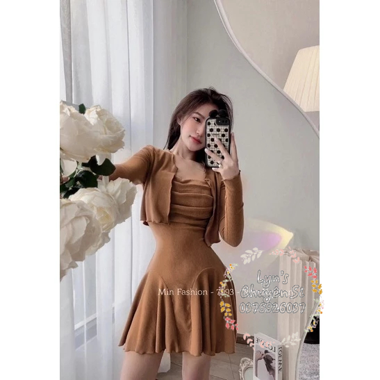 Set đầm xoè tùng nối kèm khoác cuốn biên dày