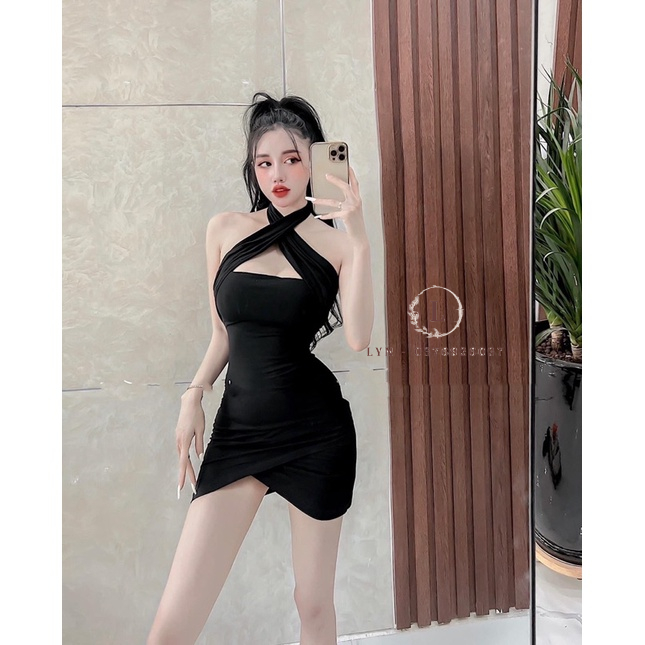 Đầm Body Yếm Gân Chéo Tà 2Tone Sen-Đen Fom Đỉnh Sexy