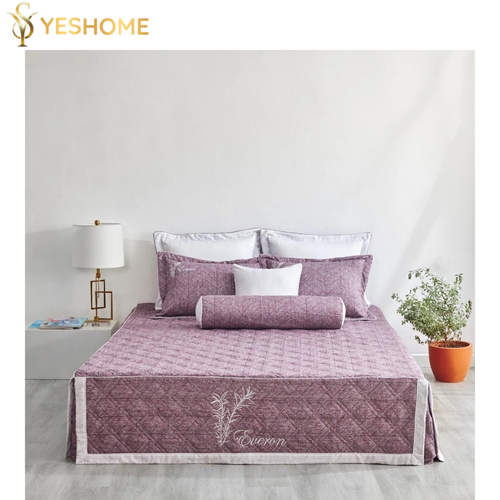 Bộ ga giường phủ Everon Màu Hồng EPM21065 họa tiết thêu bao gồm chăn
