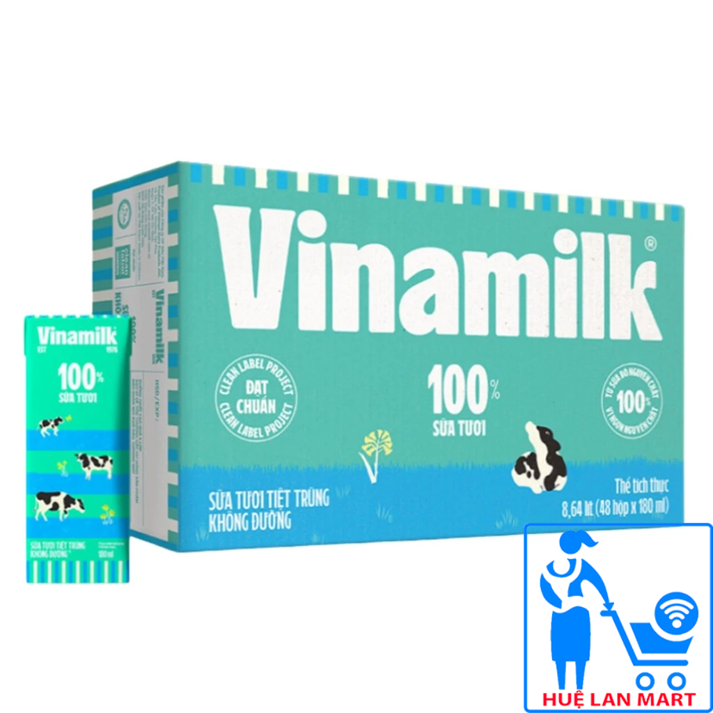 [CHÍNH HÃNG] Sữa Tươi Tiệt Trùng Vinamilk 100% Không Đường Thùng 48 Hộp x 180ml