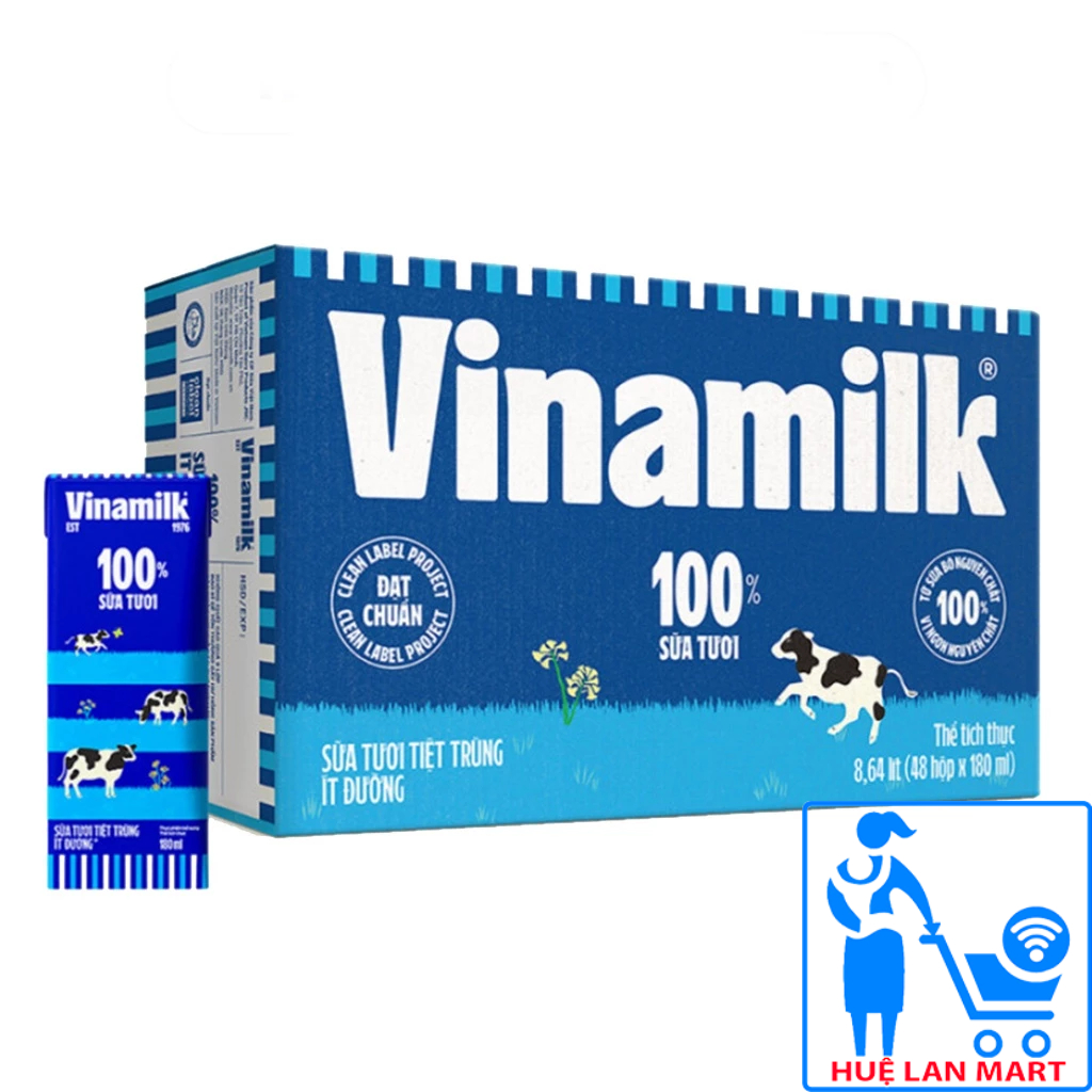 [CHÍNH HÃNG] Sữa Tươi Tiệt Trùng Vinamilk 100% Ít Đường Thùng 48 Hộp x 180ml