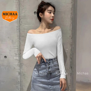 Áo thun nữ tay dài trễ vai dáng dài ôm body, áo thun basic thun gân tôn dáng michaa add11
