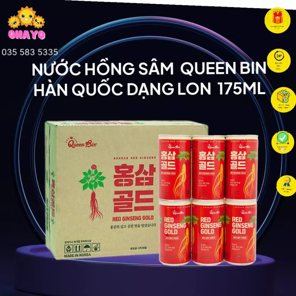 Nước hồng sâm 6 năm tuổi dạng Lon ,hàn quốc Queen Bin, thùng 30 lon - Nước sâm Korea cao cấp - OHAYO